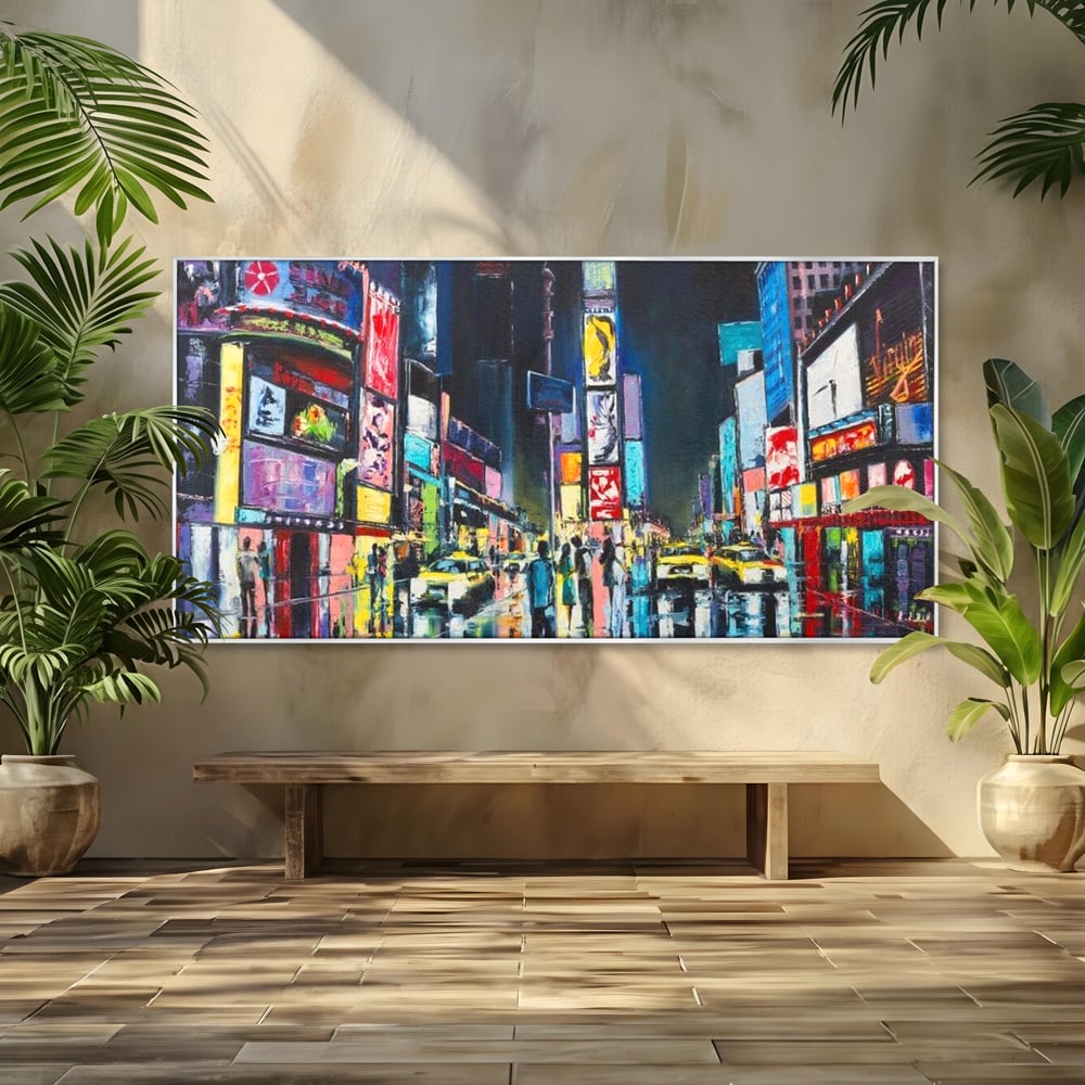Tablou canvas cu tablou canvas cu peisaj urban nocturn din new york, in rama de aluminiu argintiu